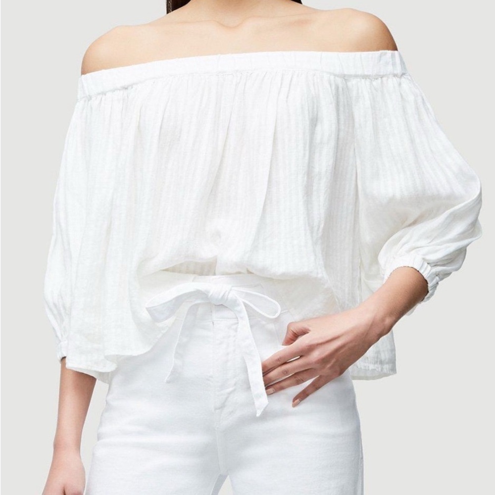 FRAME Off The Shoulder White Cream Textured Linen Blouse